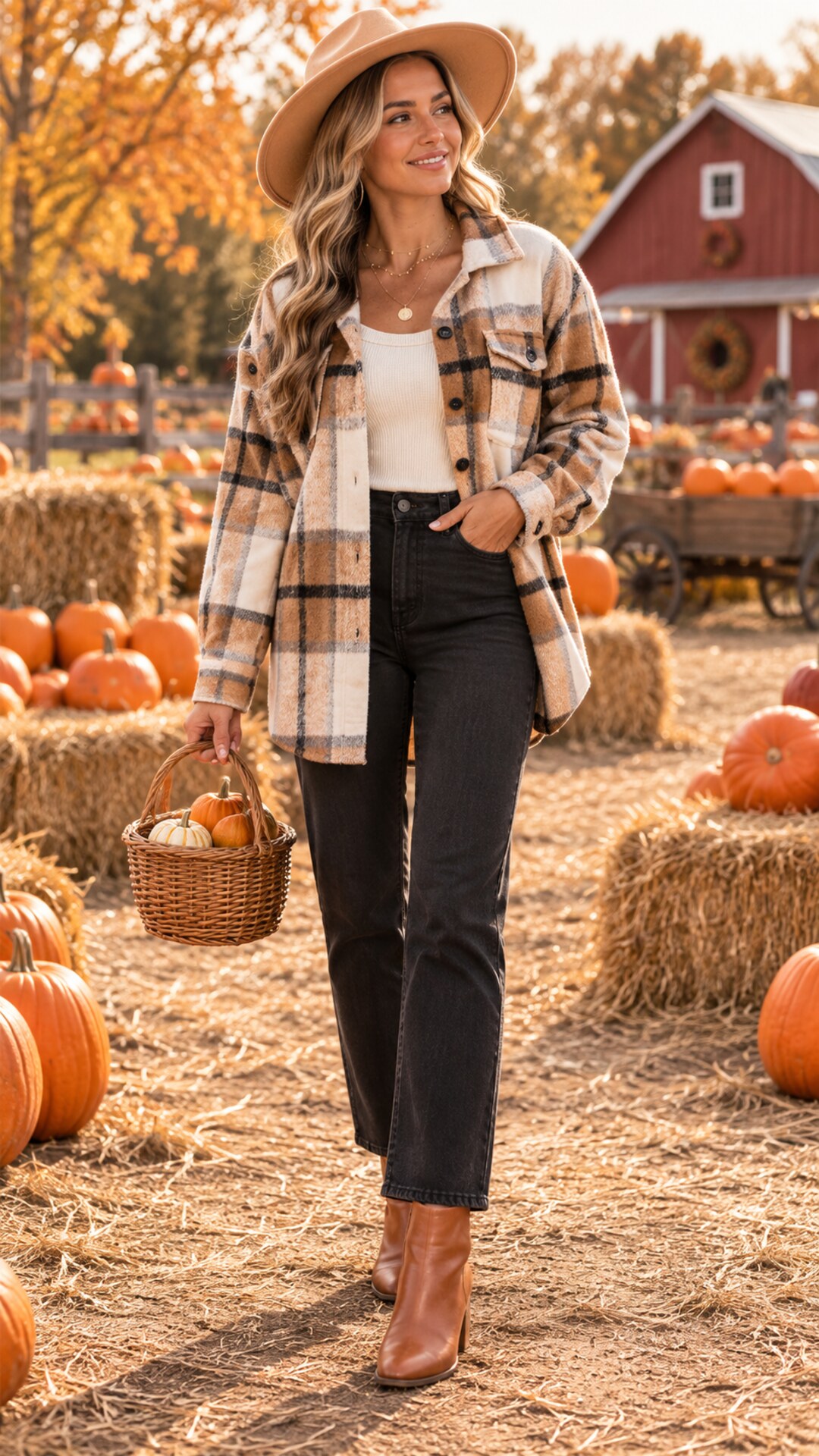 Woman wearing a neutral plaid shacket with black jeans and cognac ankle boots at a pumpkin patch