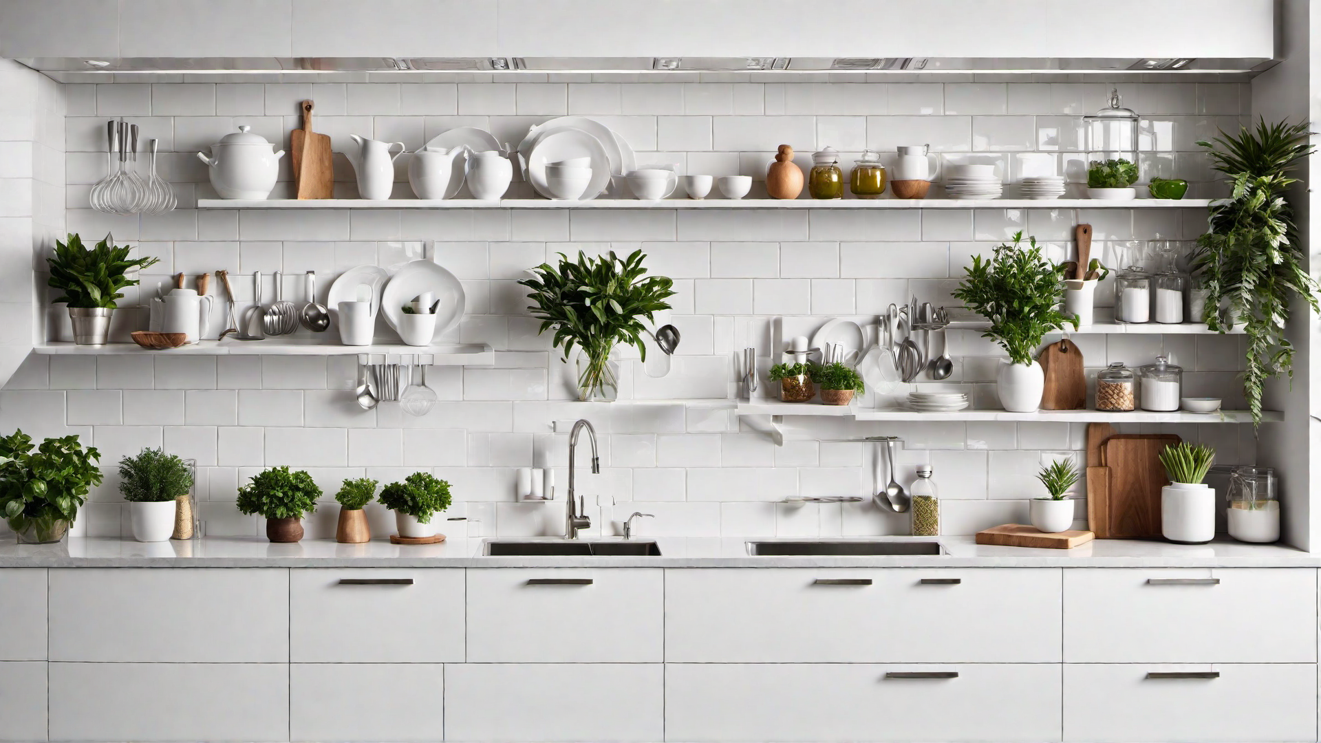 White Kitchen with Open Shelving and Subway Tile Backsplash