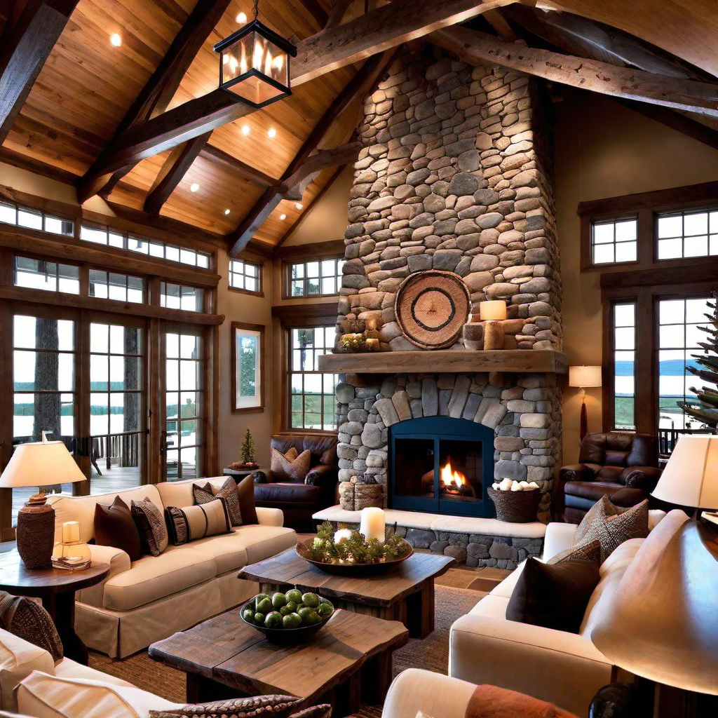 Rustic Charm: Exposed Wood Beams and Stone Fireplace in Cabin Living Room