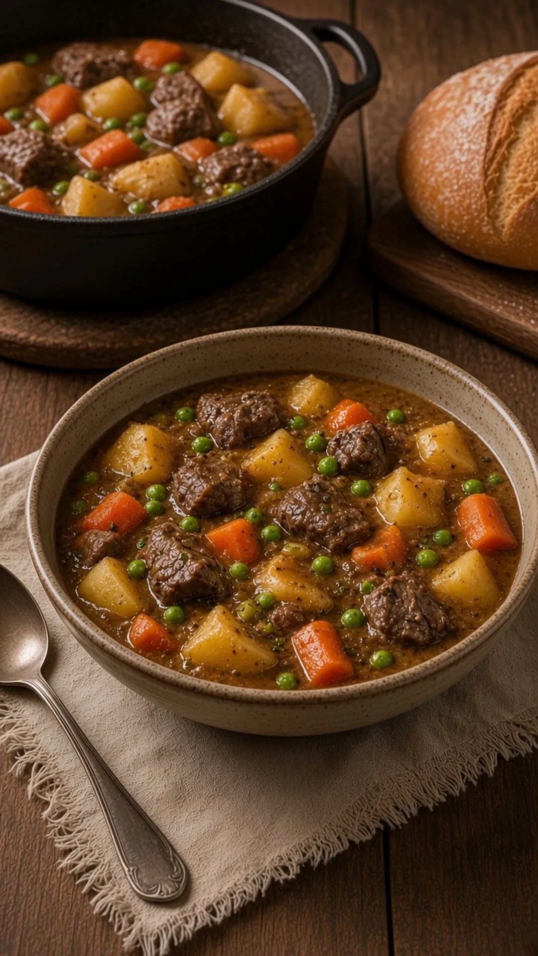 Bowl of classic beef stew with peas, carrots, potatoes and crusty bread