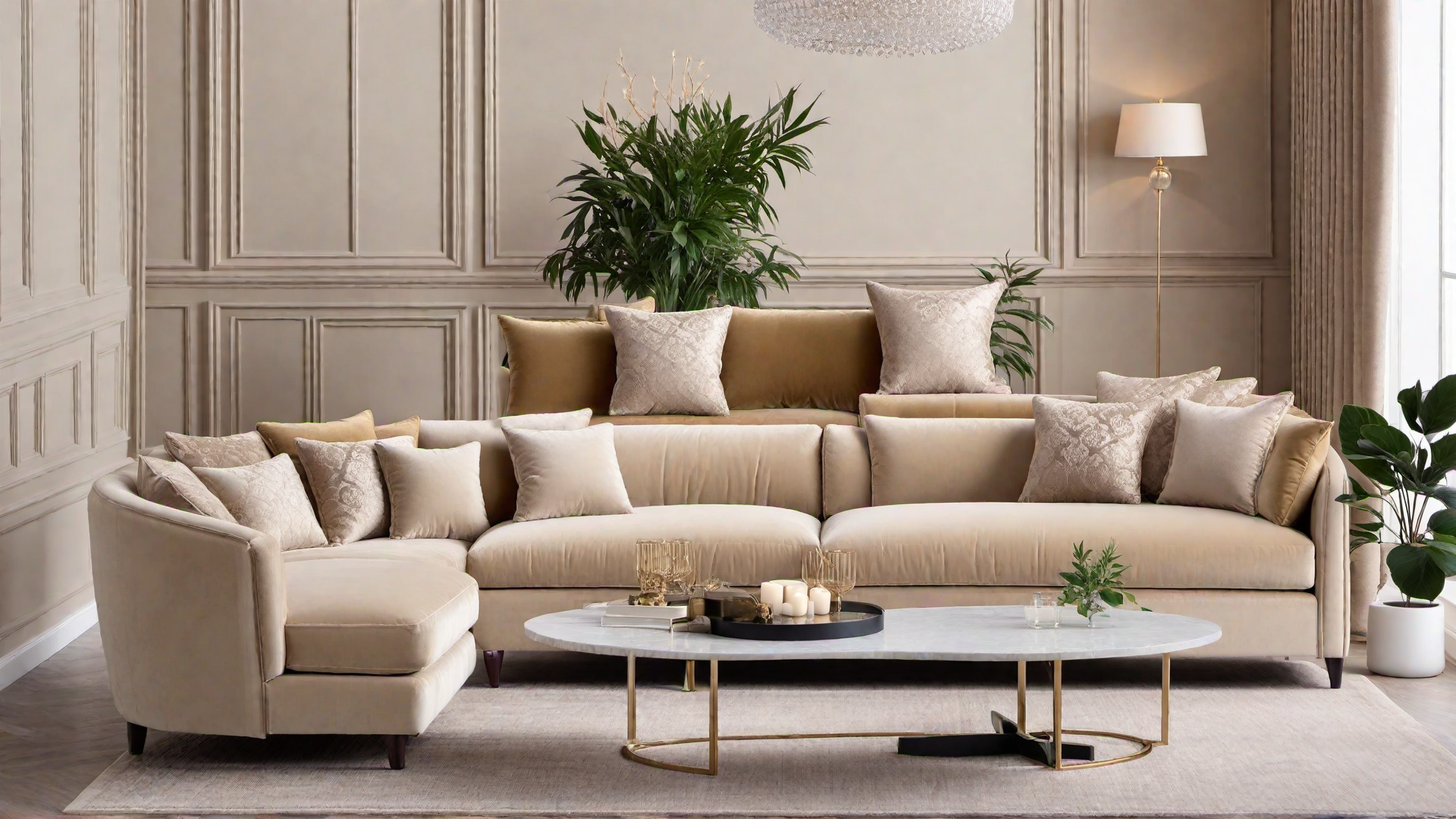 Luxurious Touch: Beige Velvet Couch in Elegant Setting