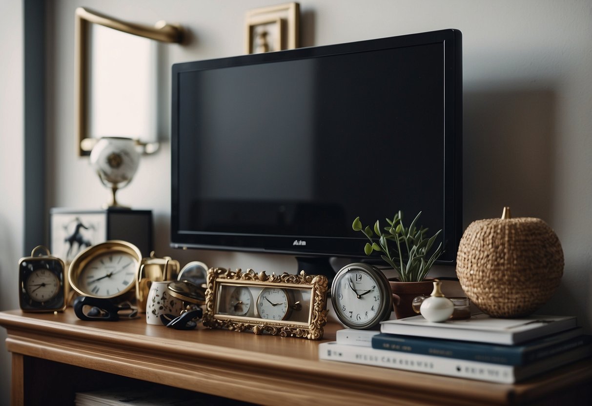 A cluttered mantelpiece with mismatched decor items and crowded frames. Avoiding the 10 home decor mistakes