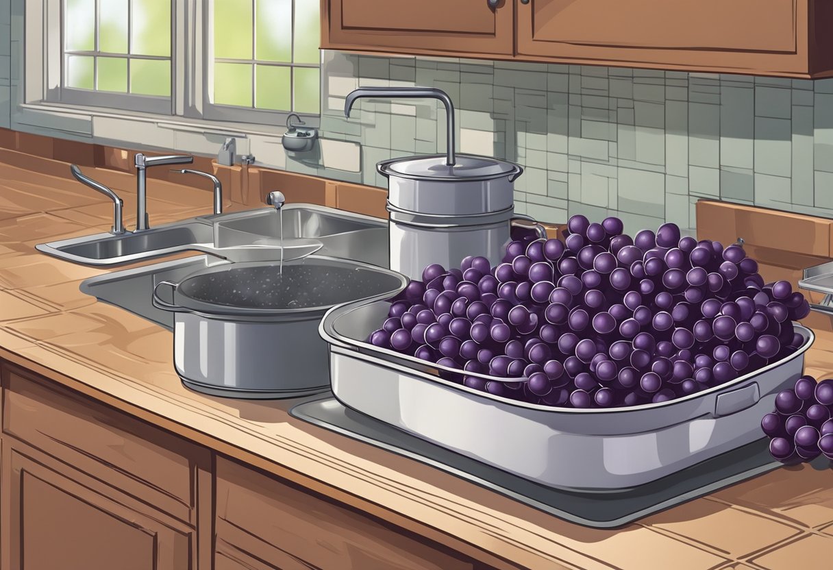 Fresh muscadine grapes being washed and destemmed. A pot of water boiling on the stove. Sugar and yeast measured out on the countertop