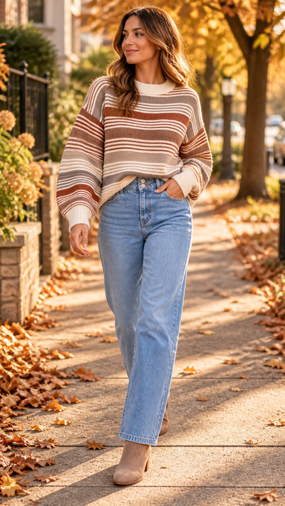 Woman wearing a striped oversized sweater, straight-leg jeans, and taupe ankle boots for fall