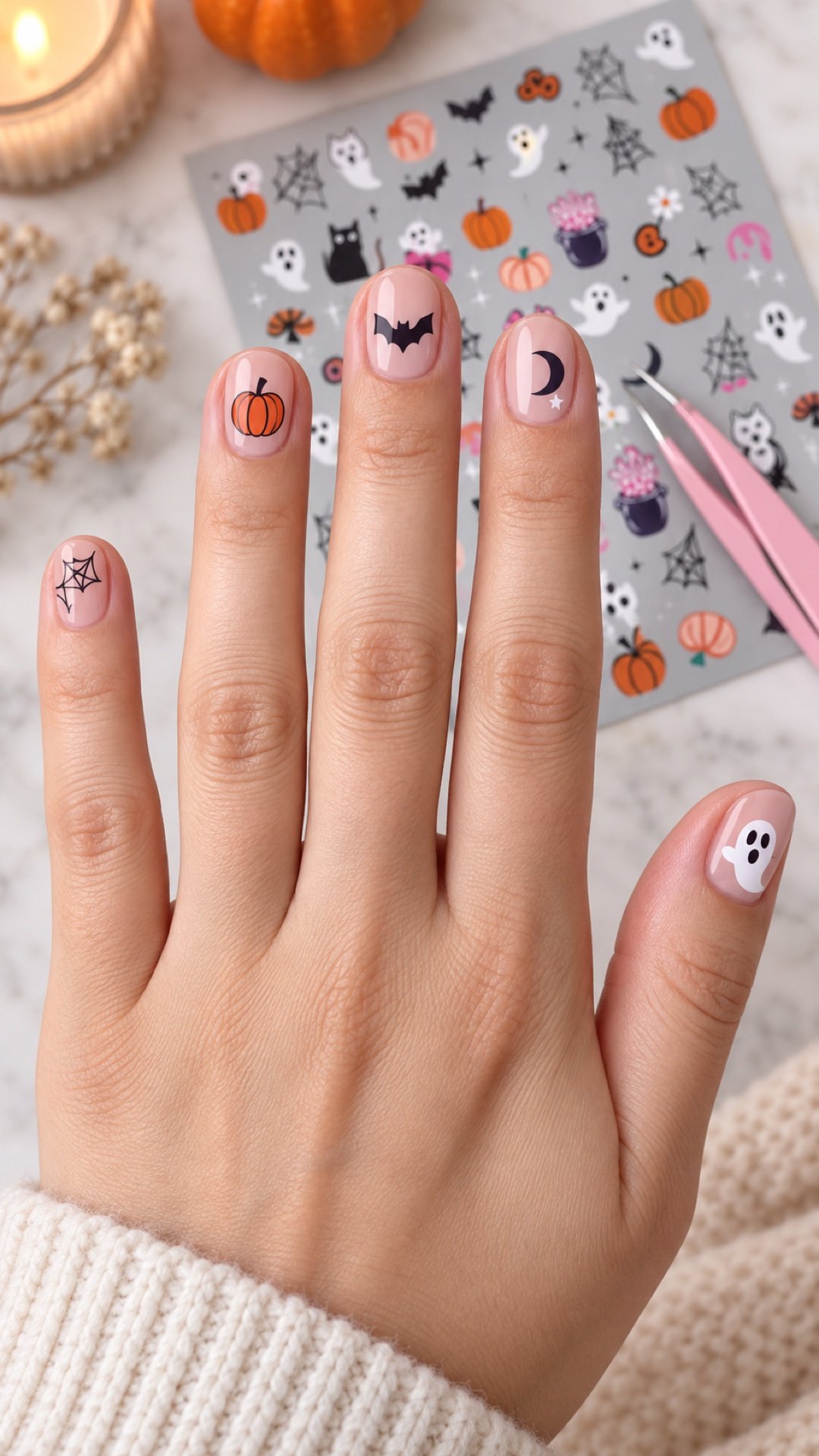One complete five-finger hand with a simple nude manicure and one Halloween sticker on each nail