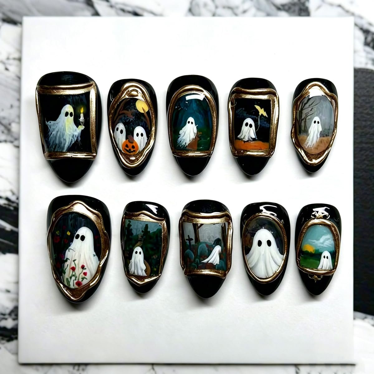 Vintage black and gold ghost press-on nail set