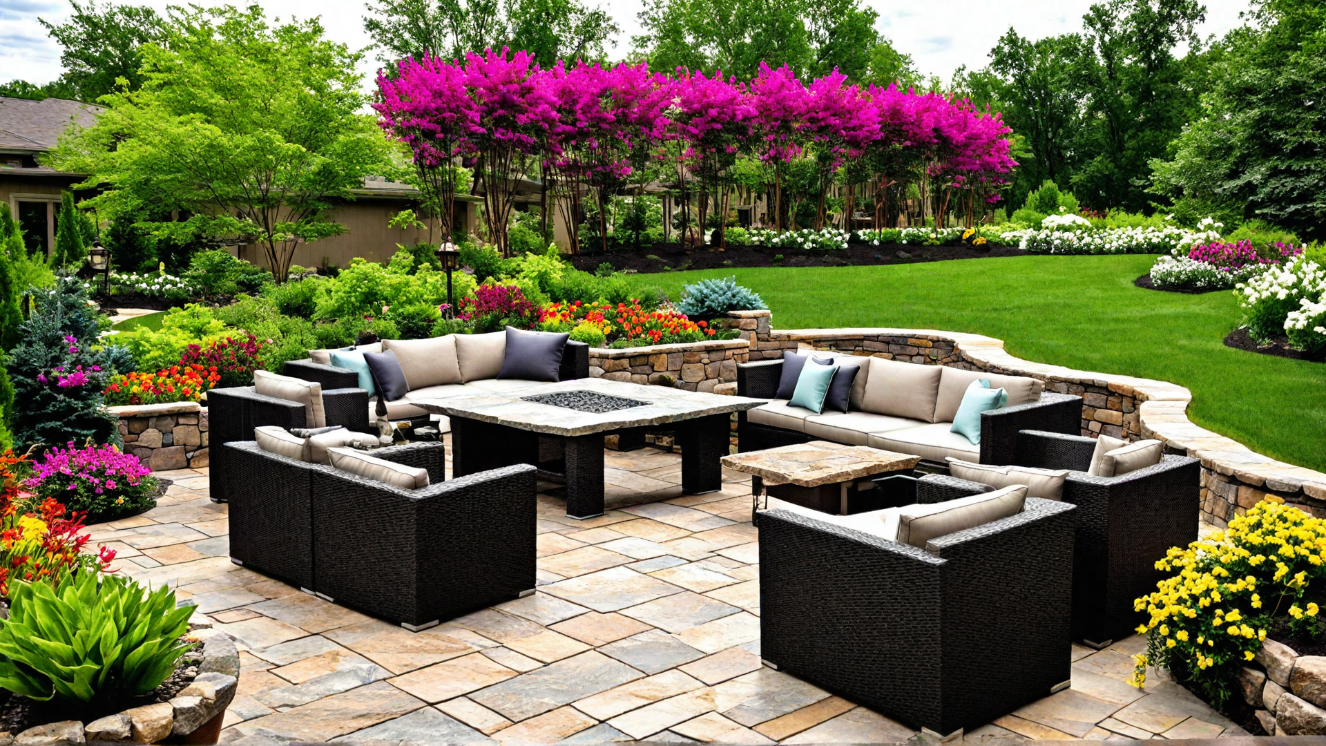 Lush Landscape: Patio Surrounded by Flower Beds