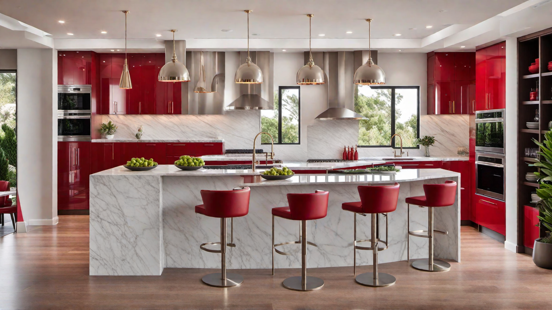Chic Sophistication: Red Leather Bar Stools in a Kitchen Island