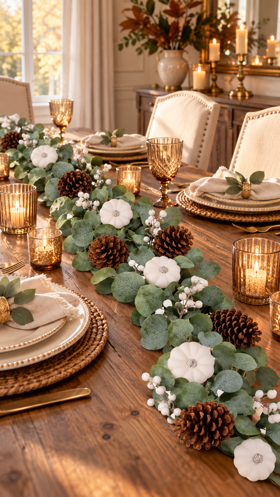 White pumpkin eucalyptus and pinecone garland on a Thanksgiving table