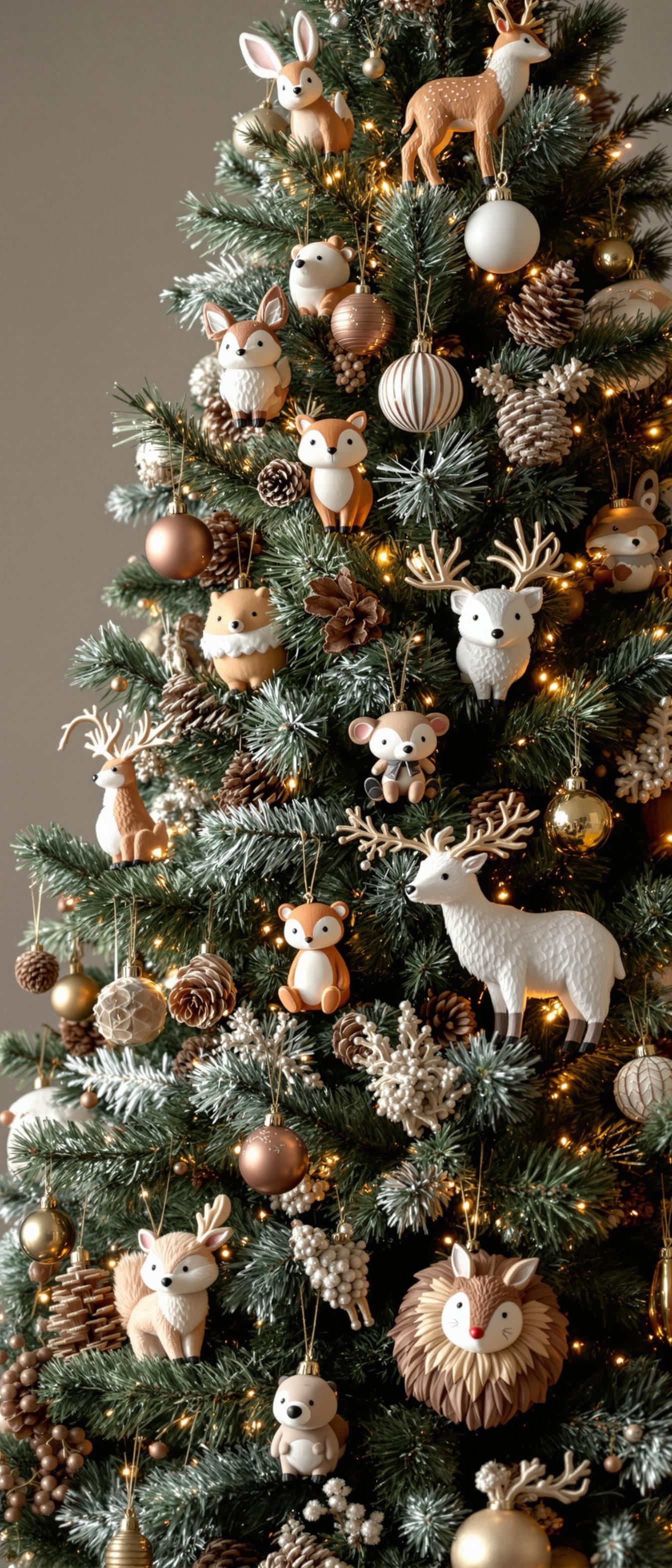 A beautifully decorated Christmas tree featuring cute woodland animal ornaments and warm lights.