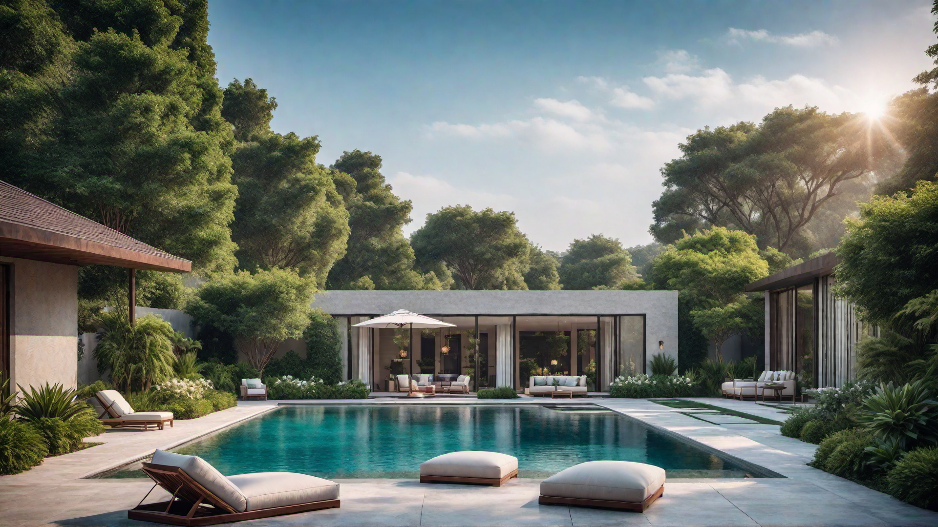 Elaborate Pool with Jets and Fountains