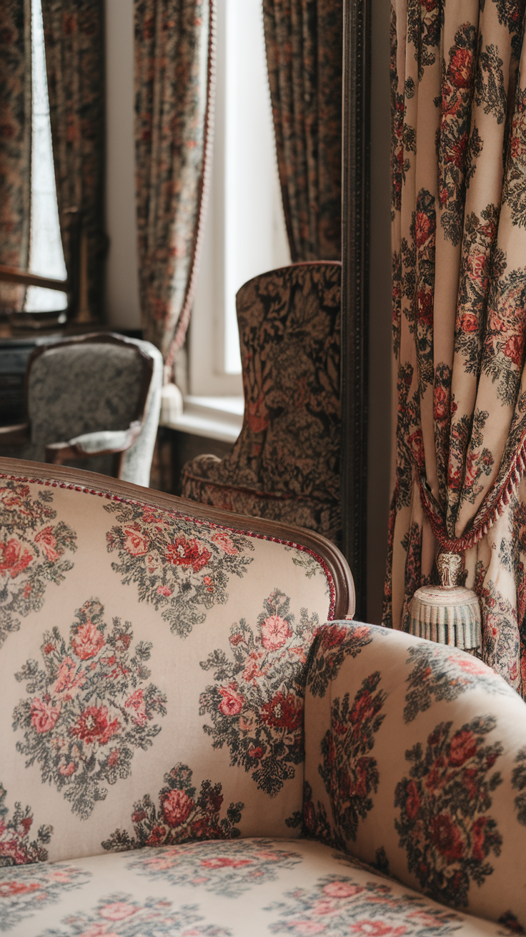 A close-up of a vintage sofa with floral upholstery and matching curtains.