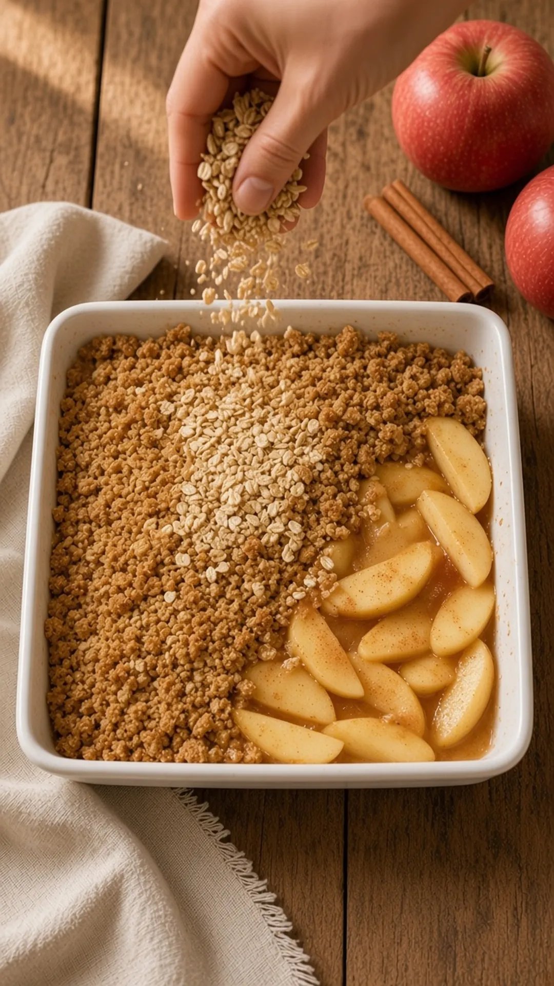 Sprinkling oat crumble topping over apple slices