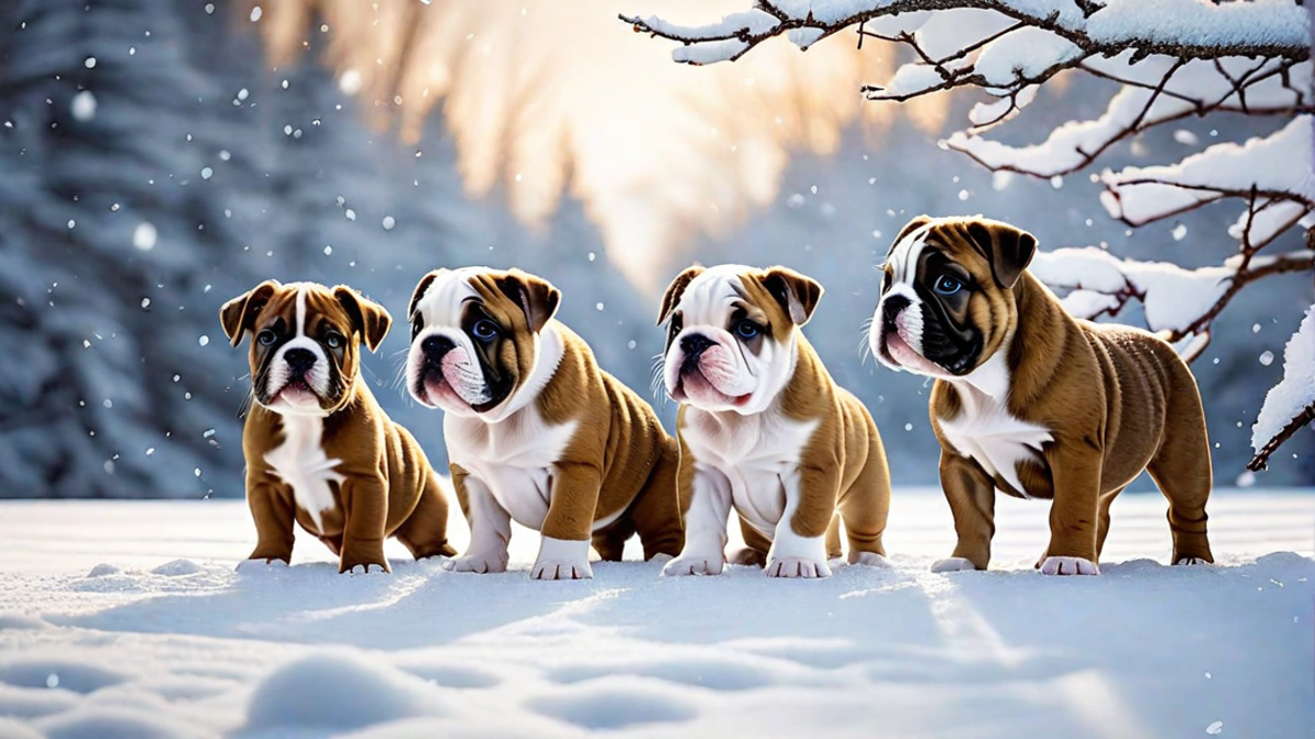 Bulldog Puppies and Their First Snow