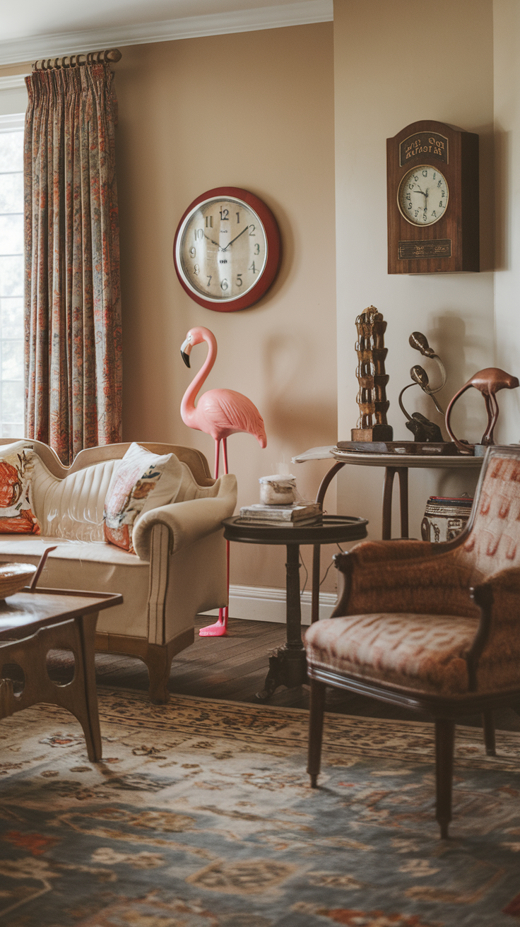 A cozy living room featuring vintage decor, including a pink flamingo statue and retro clocks.