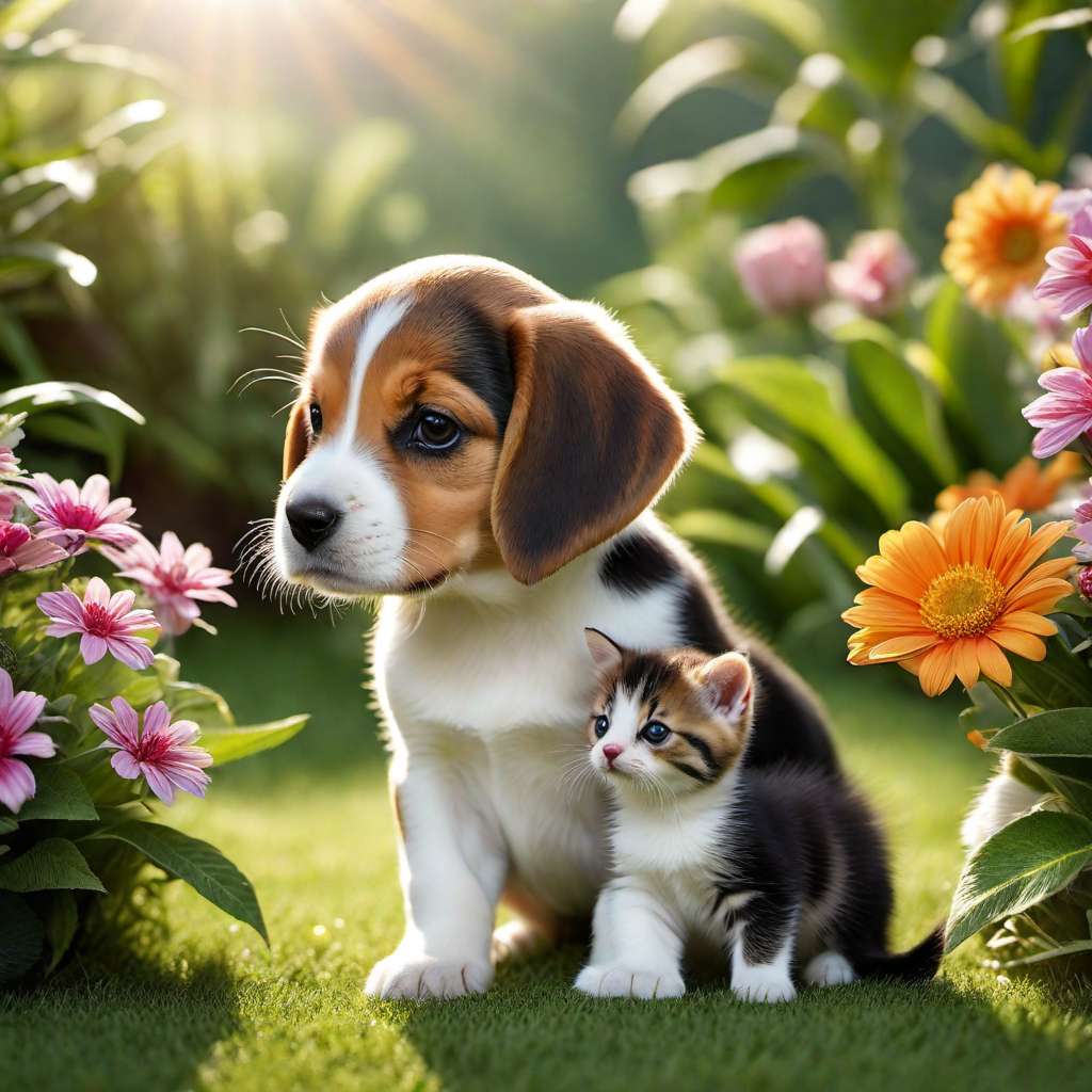 Beagle Puppy Making Friends with a Kitten