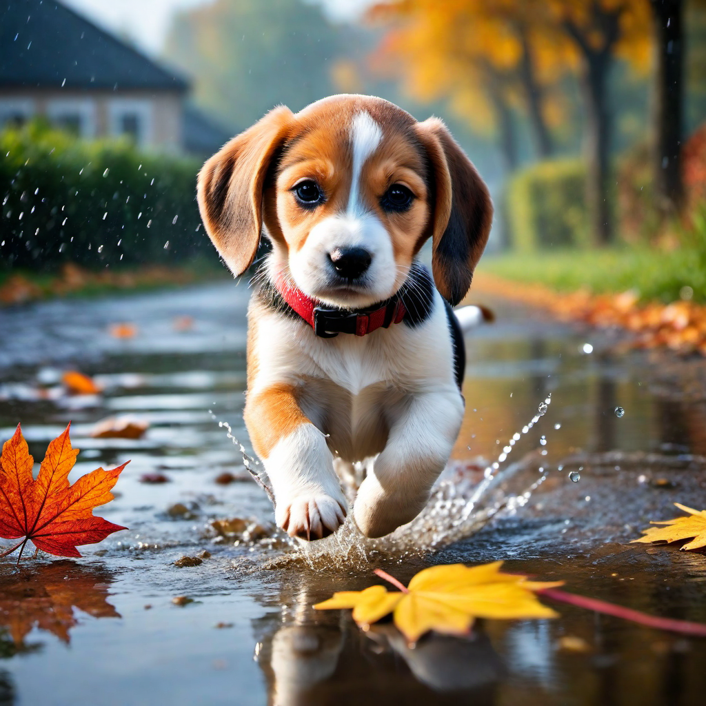 Beagle Puppy Playing in a Puddle