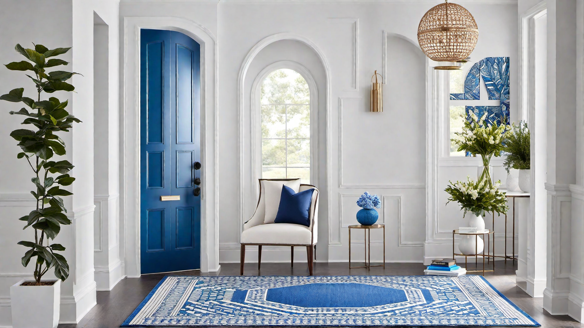 Playful Patterns: Blue Geometric Rug in the Entryway