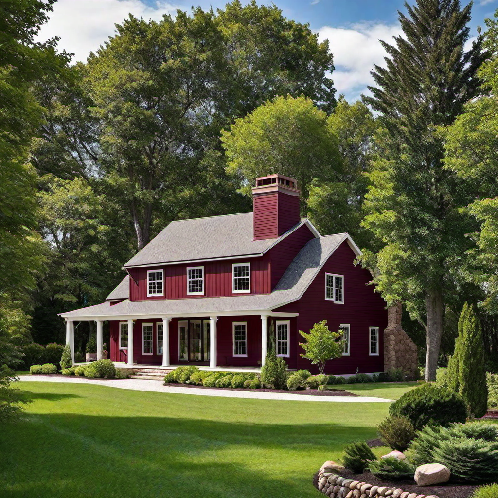 Stately Burgundy Farmhouse with Stone Chimney