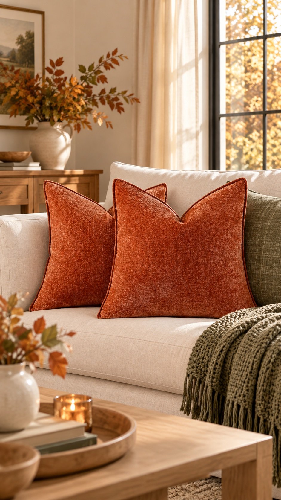 Rust chenille throw pillows styled on a cream living room sofa for fall