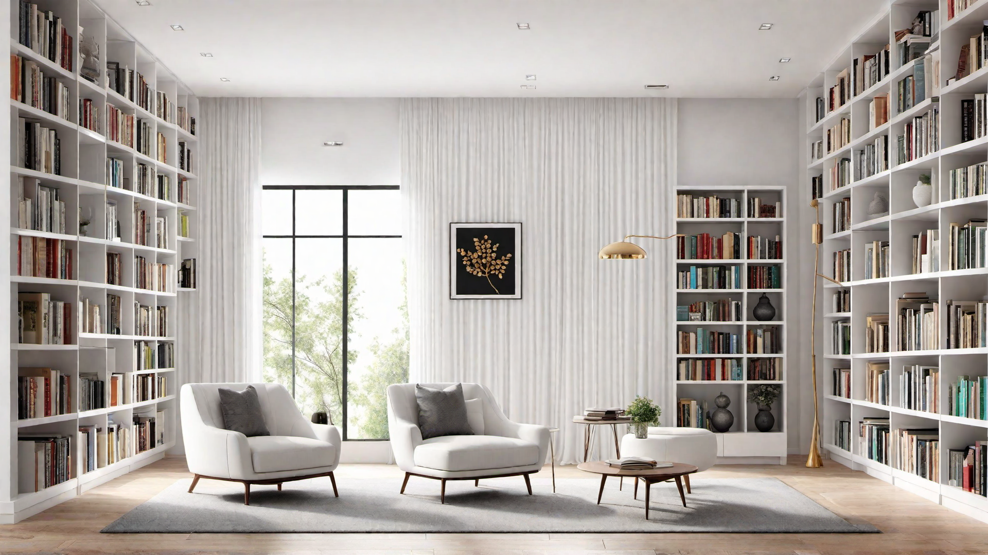 White Home Library with Wall-to-Wall Bookshelves and Reading Nook