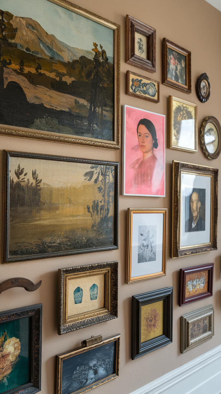 A collection of various framed artworks and photographs arranged on a wall.