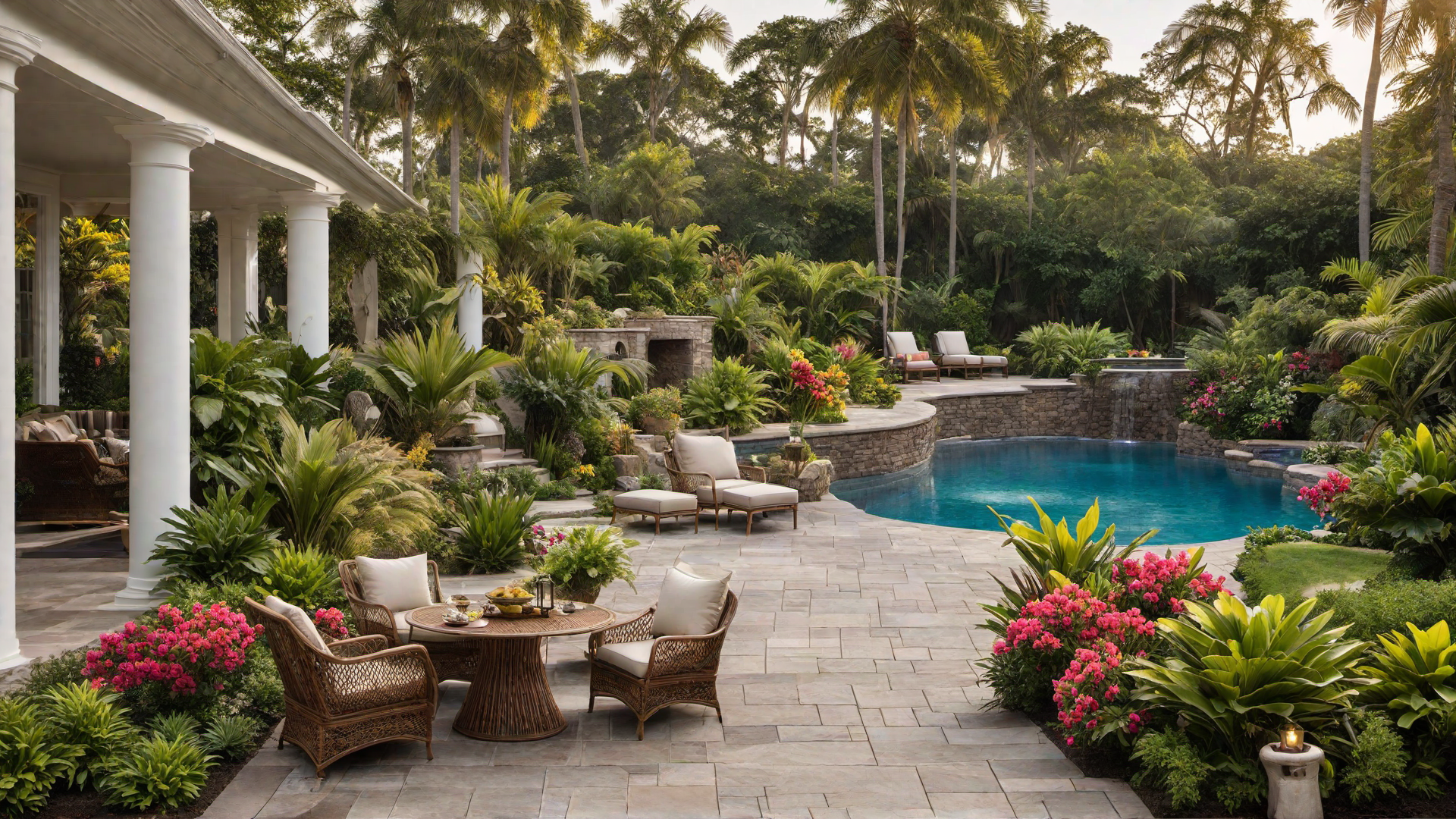 Lush Tropical Garden Pool with Exotic Plants