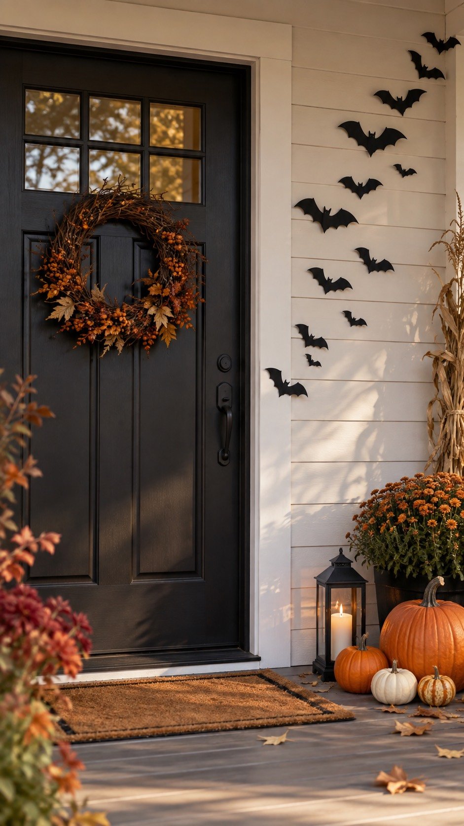 Removable paper bats beside a decorated front door