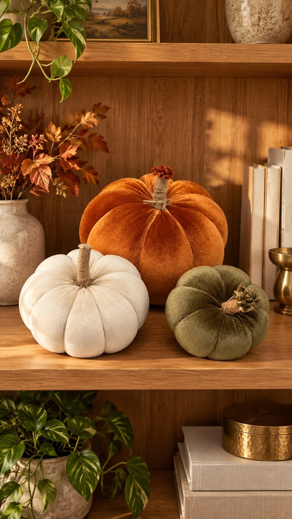 Orange, ivory and sage velvet pumpkins styled on a living room shelf for fall
