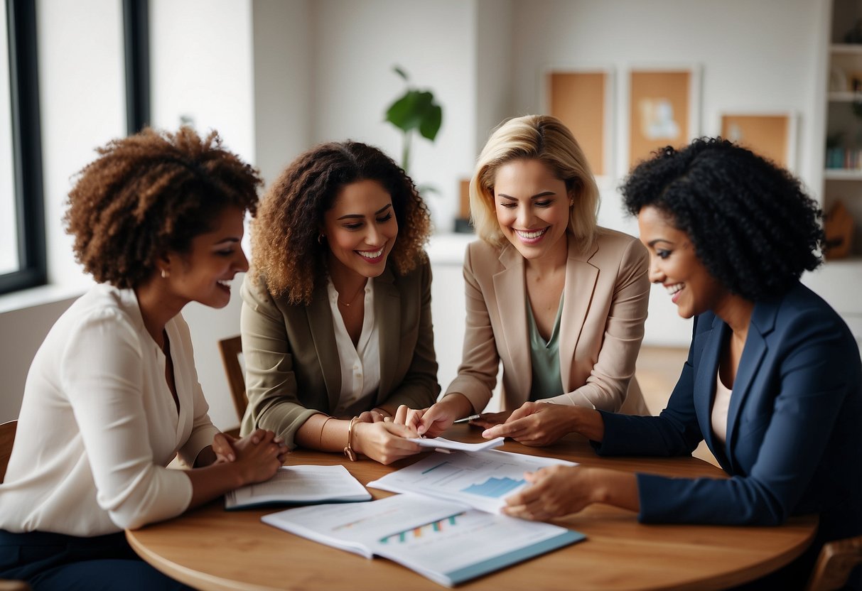 A diverse group of women gather around a table, discussing investment strategies. Charts and graphs are spread out, while a book titled "Women’s Guide to Financial Success: Top 10 Tips" sits open in the center