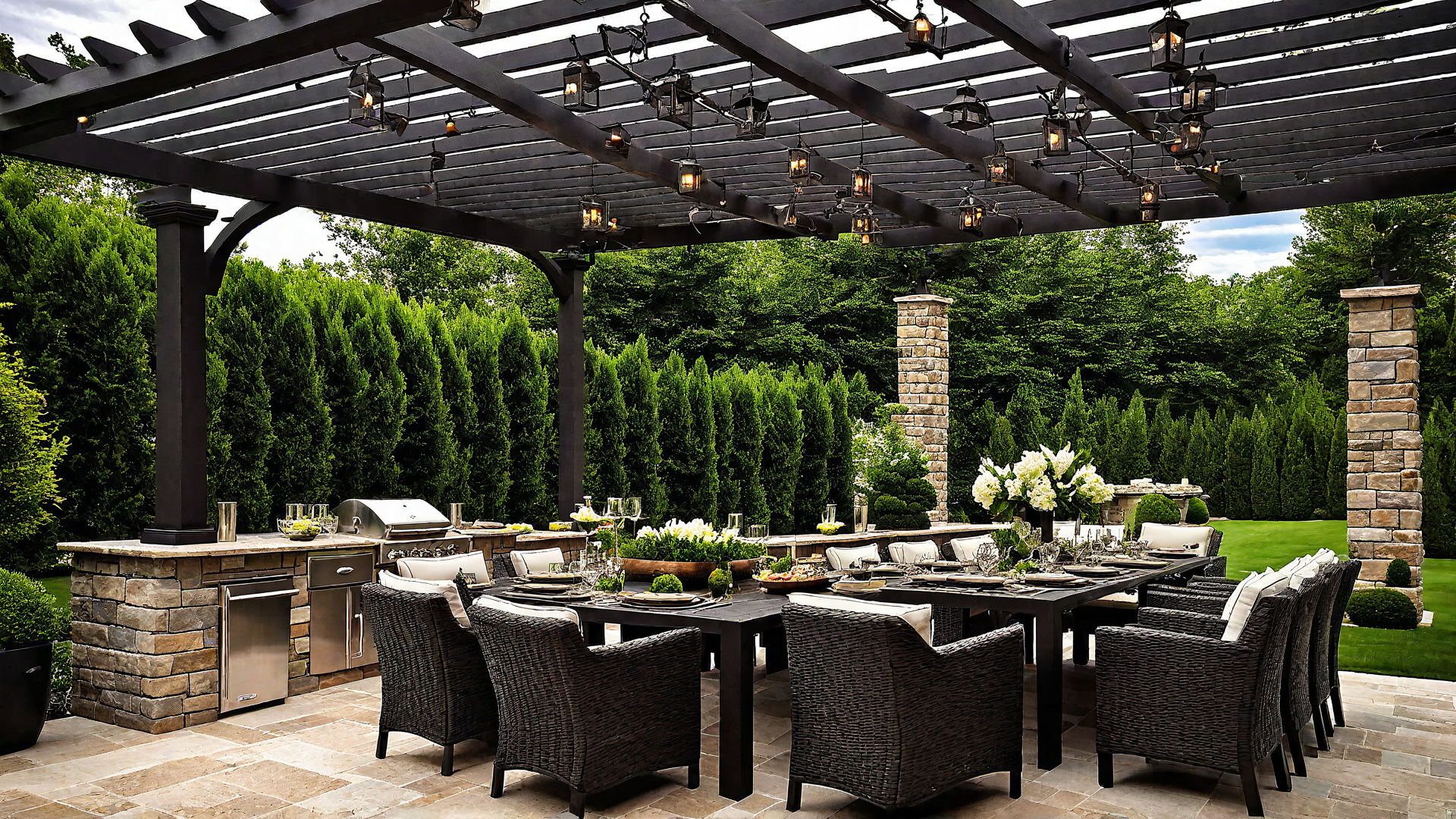 Elegant Outdoor Dining: Large Table with Cushioned Chairs