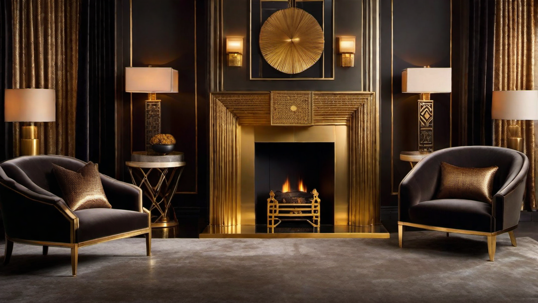 Radiant Warmth: Art Deco Fireplace with Warm Metallic Finishes