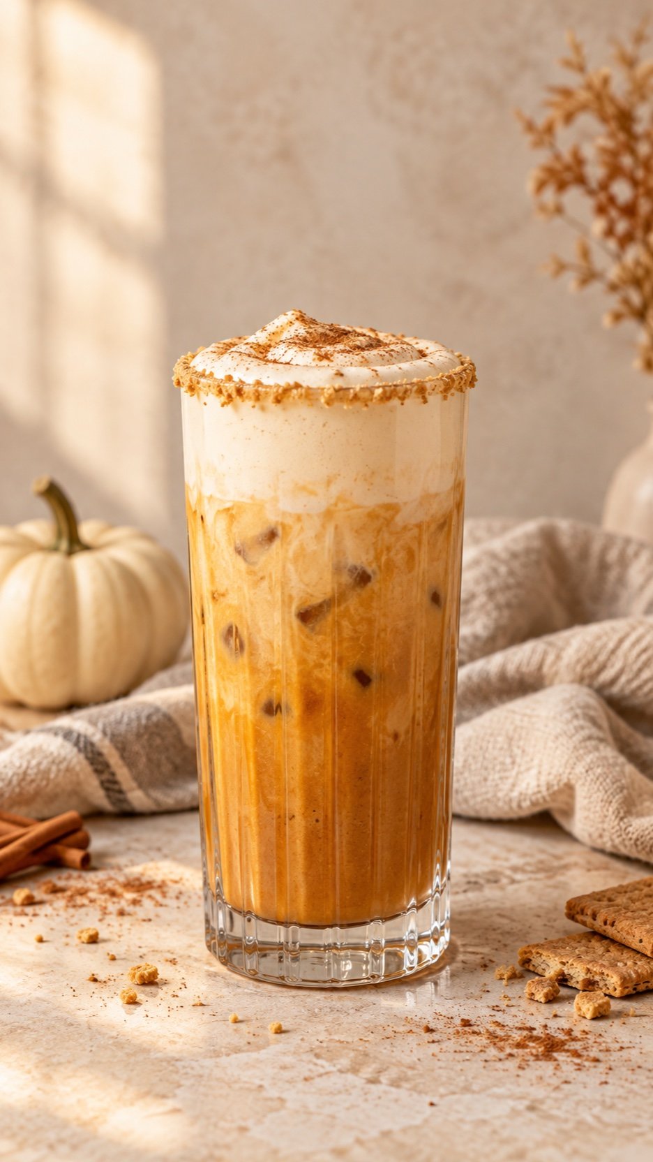 Layered pumpkin pie cold foam mocktail with graham cracker rim
