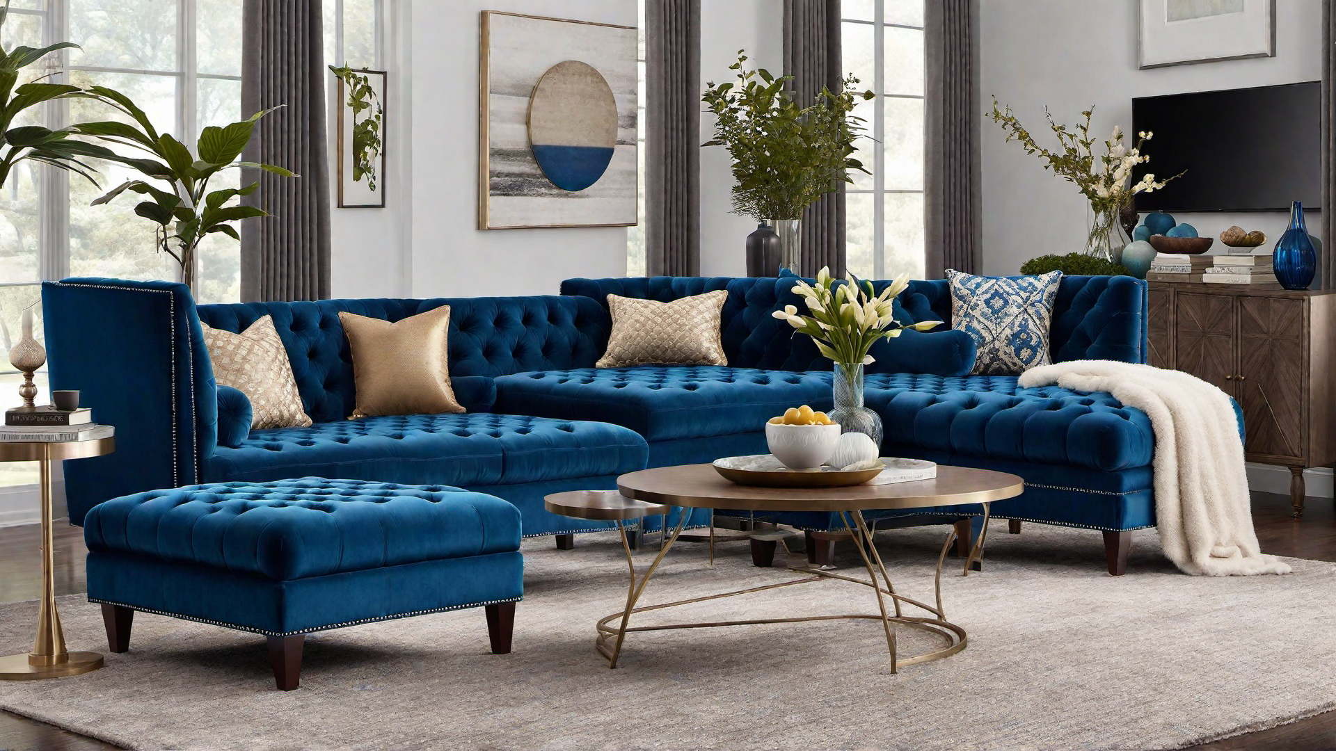 Vintage Flair: Blue Velvet Tufted Ottoman in the Lounge Area