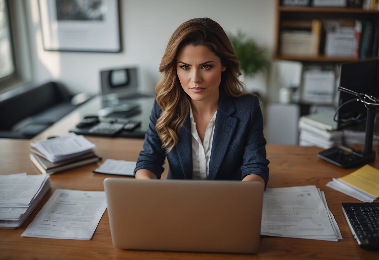 A woman sits at a desk surrounded by financial documents and a laptop. She is focused and determined, with a pen in hand, ready to tackle her taxes