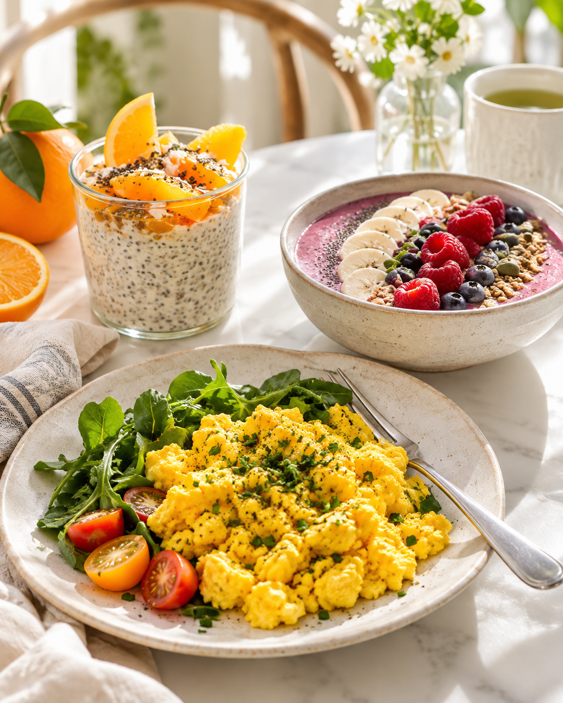 Citrus chia pudding, turmeric scrambled eggs, and a colorful berry smoothie bowl