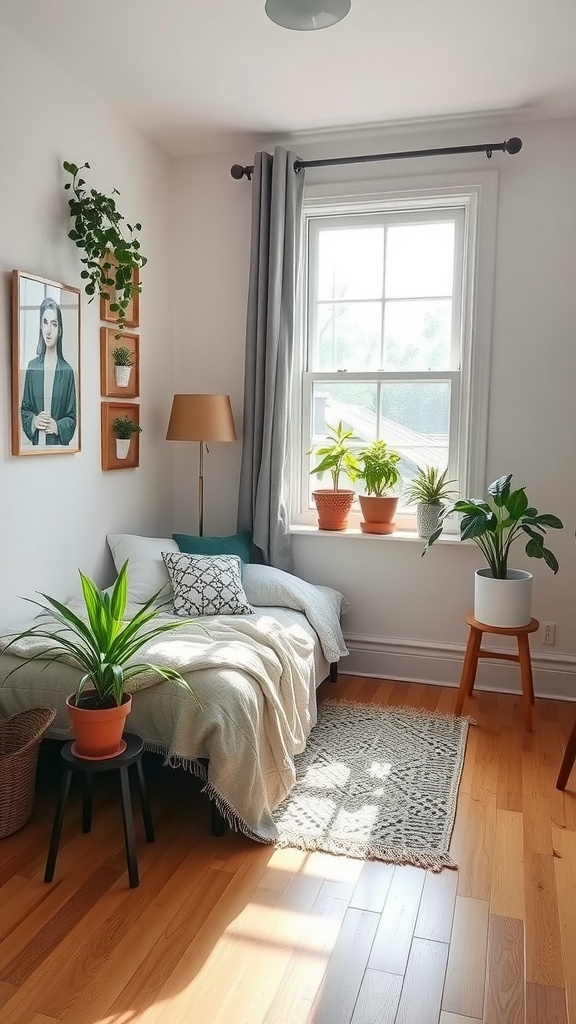 A cozy small bedroom filled with various plants, creating a fresh and inviting atmosphere.