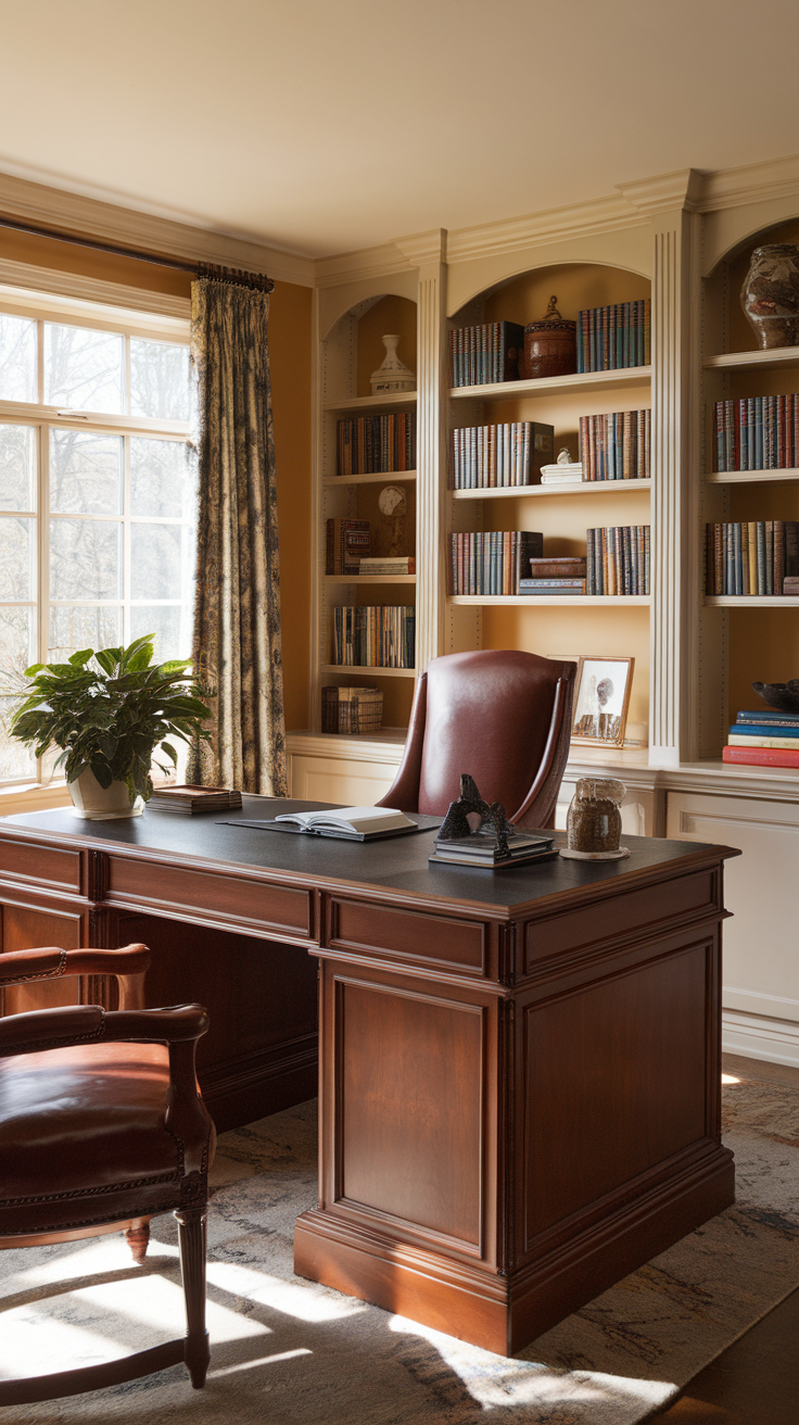 A sophisticated home office featuring a wooden desk, a comfortable chair, bookshelves, and natural light.