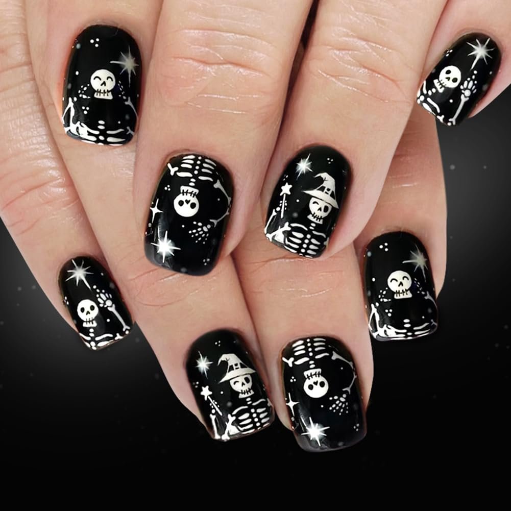 Black skeleton Halloween press-on nail set