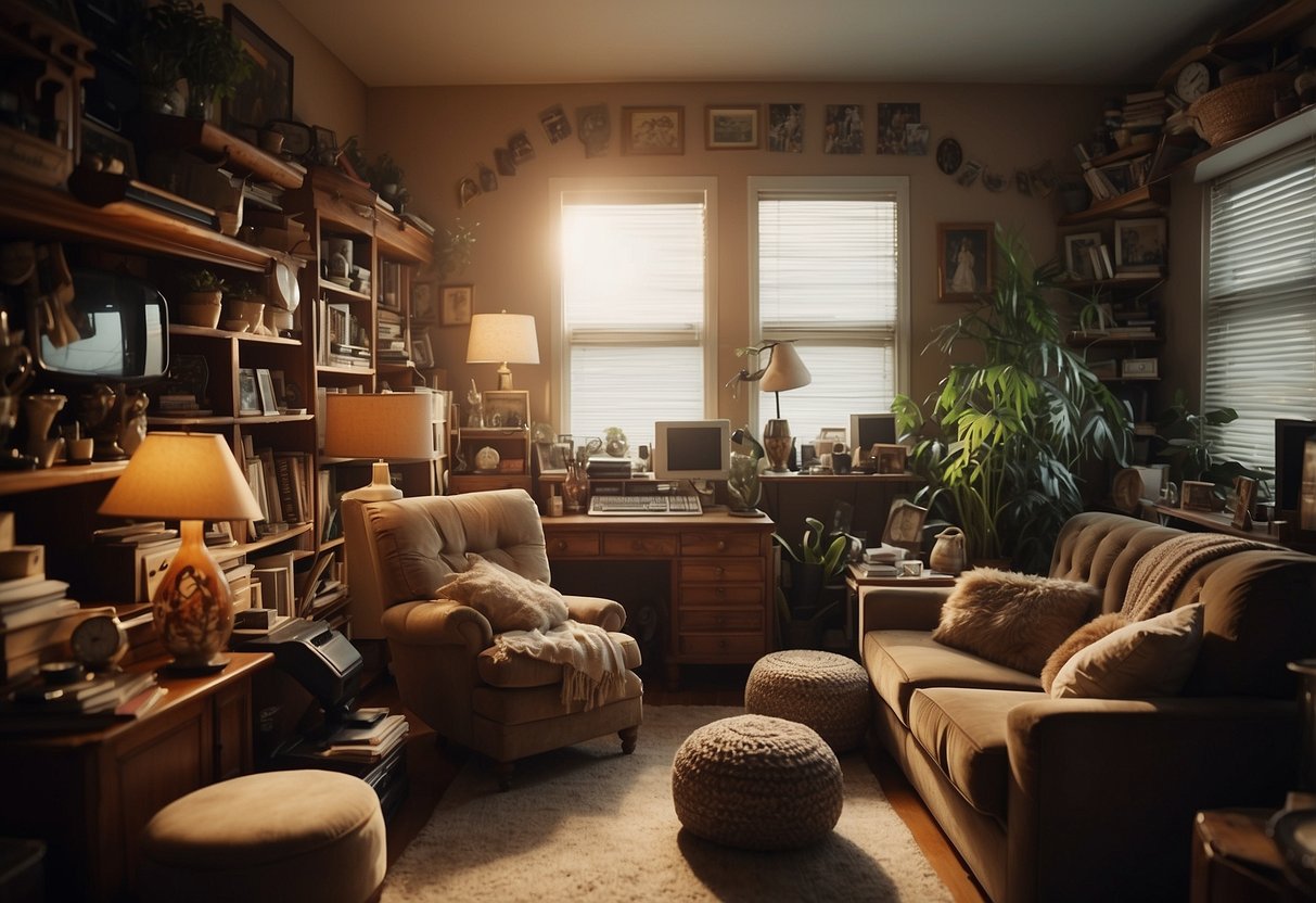 A cluttered room with mismatched decor, harsh overhead lighting, and heavy window treatments. Furniture is crowded and lacks cohesion