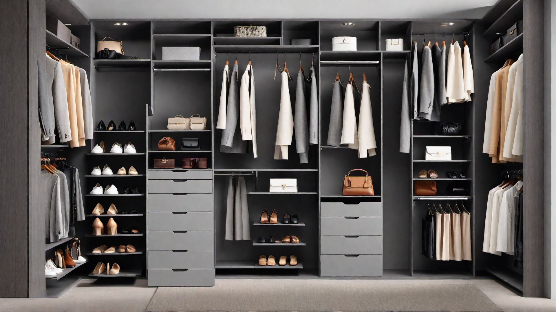 Organized Grey Closet with Custom Storage Options