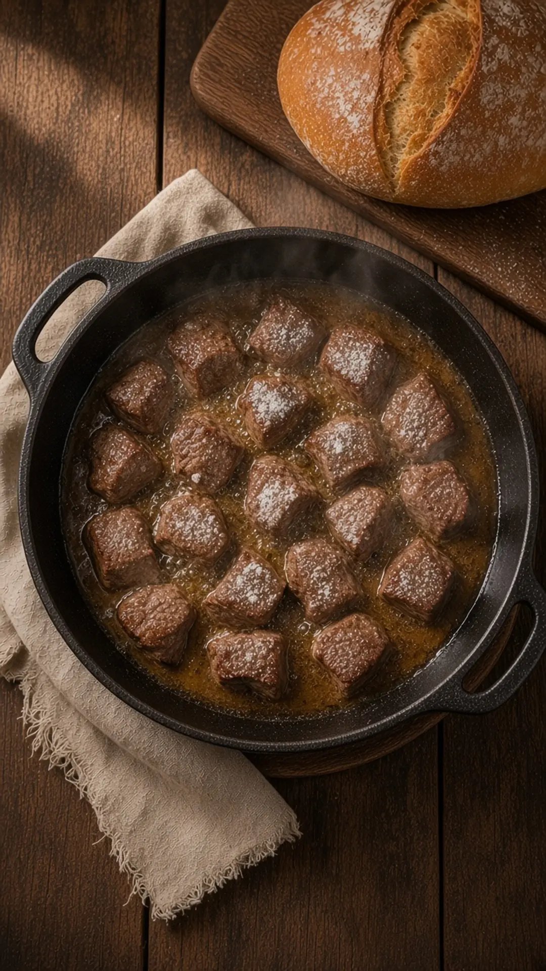 Flour-dusted beef chuck cubes browning in a cast iron Dutch oven
