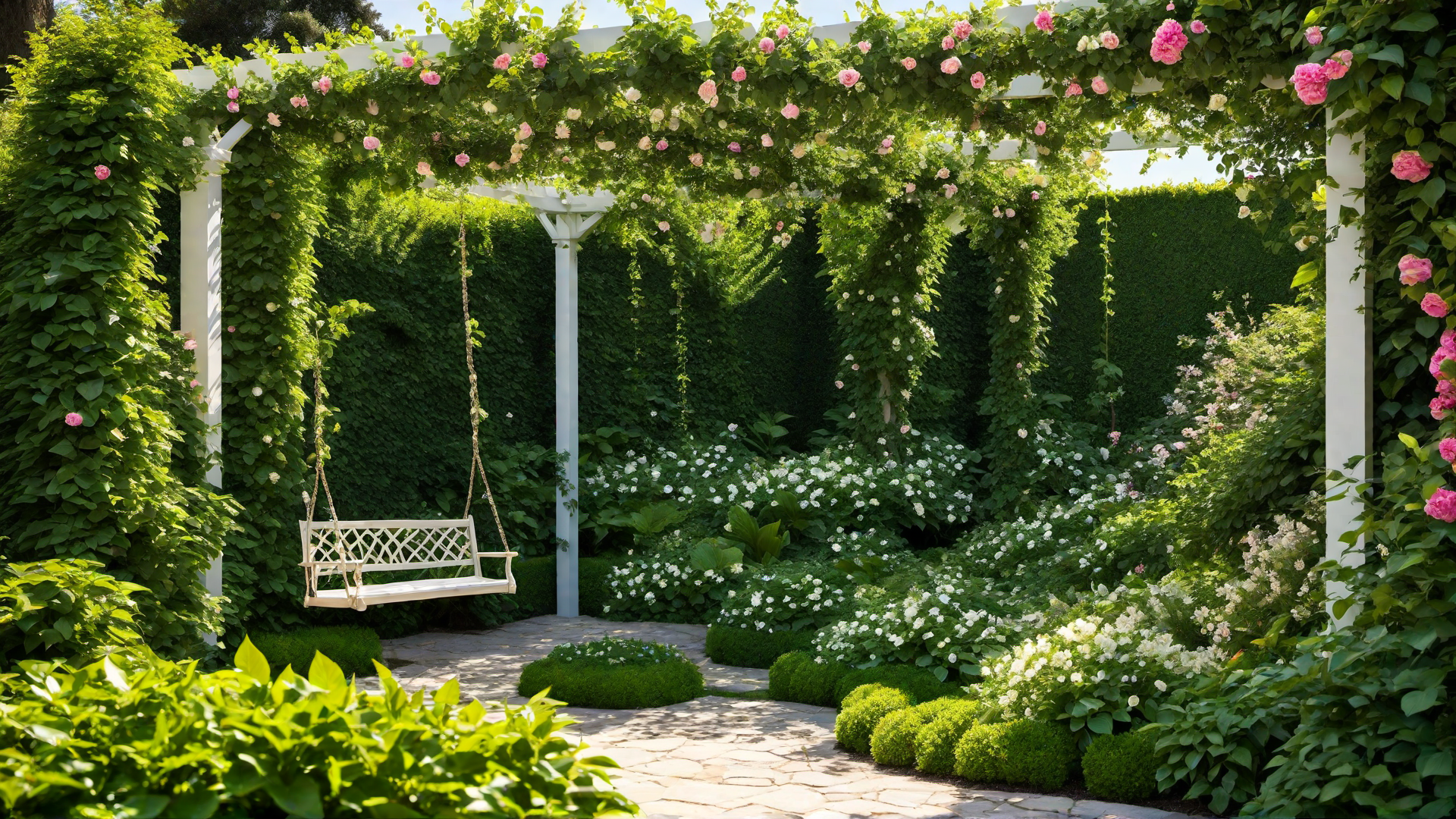 Lush Green Pergola with Climbing Plants