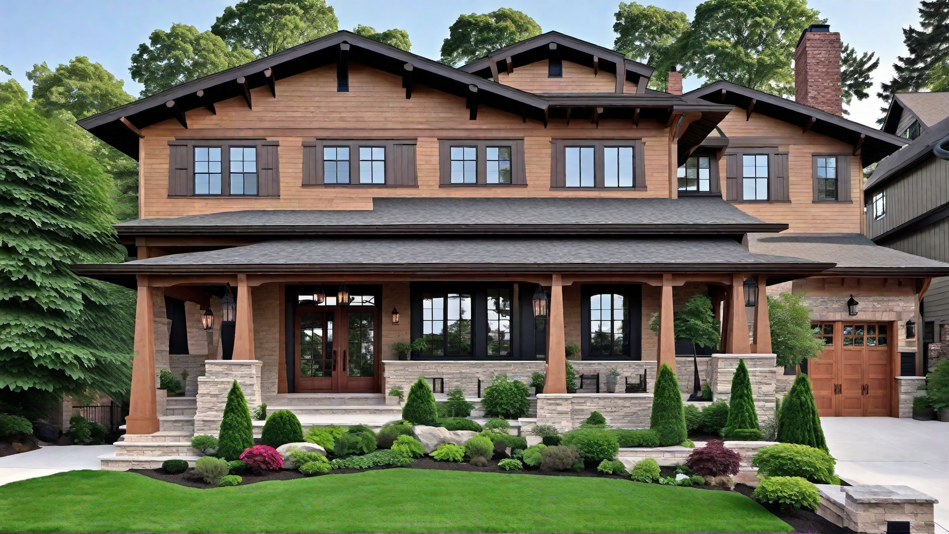 Wide Front Porch with Craftsman Style Wooden Bench
