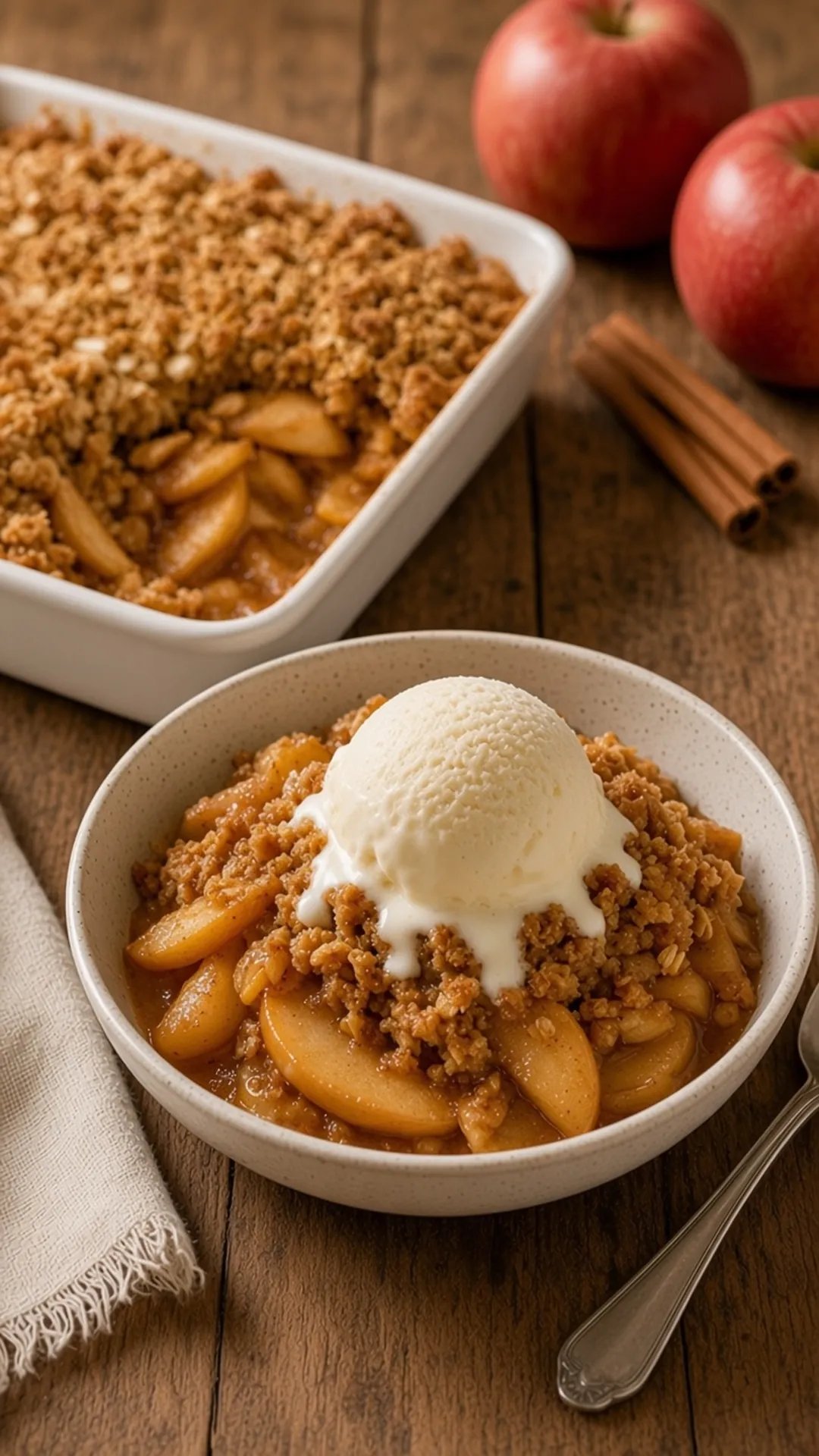 Bowl of warm apple crisp topped with vanilla ice cream