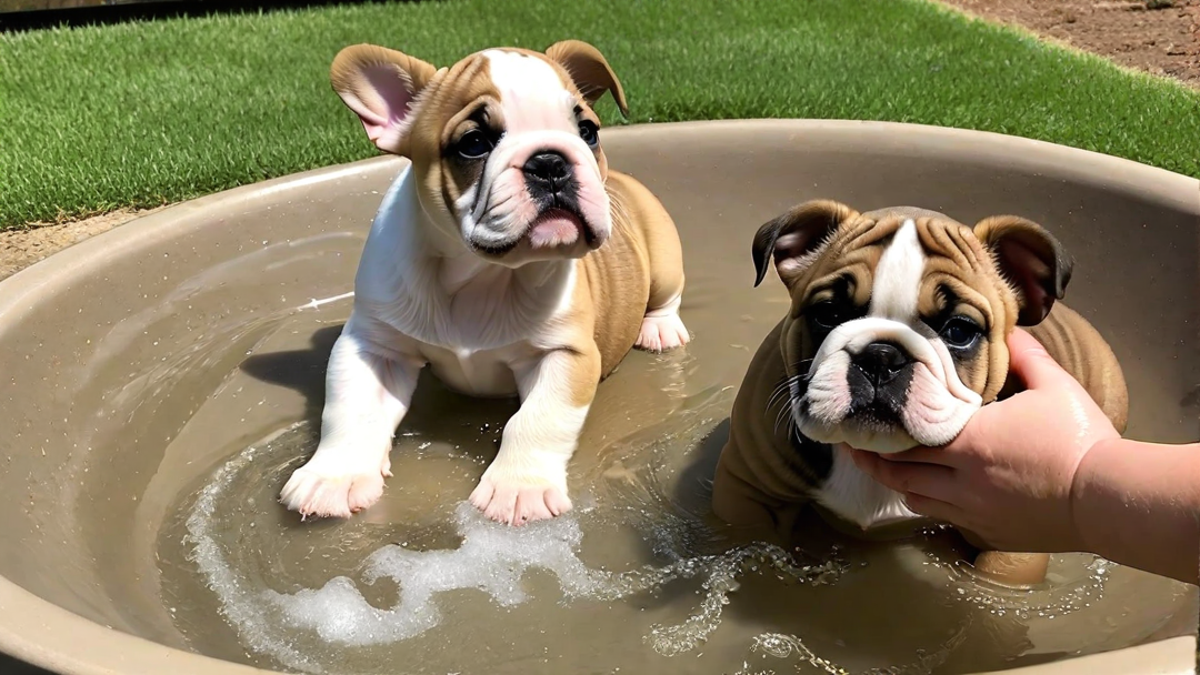 First Bath Time for Bulldog Puppies