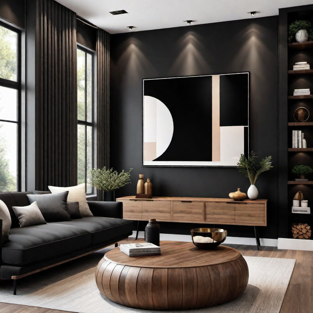 Natural Elements: Wood Accents on Black Accent Wall