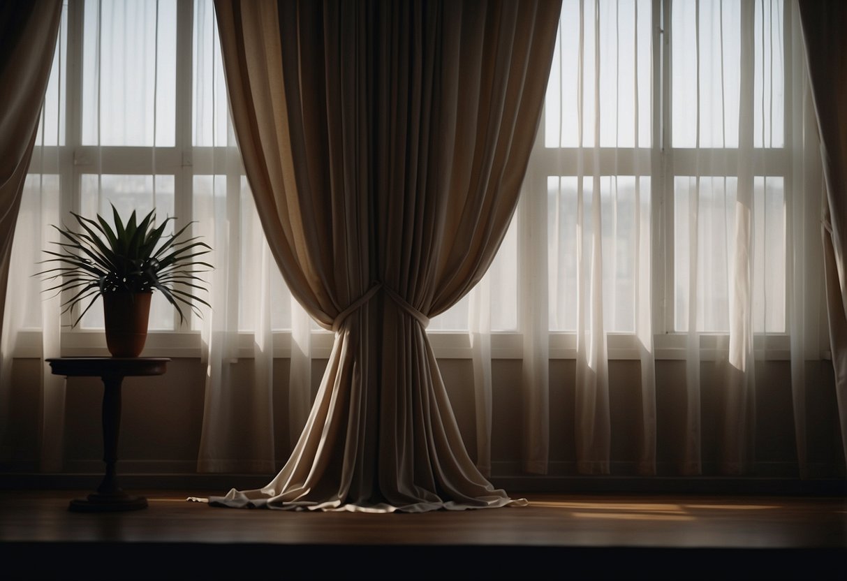 The heavy drapes hang from the windows, blocking out most of the natural light and making the room feel dark and oppressive