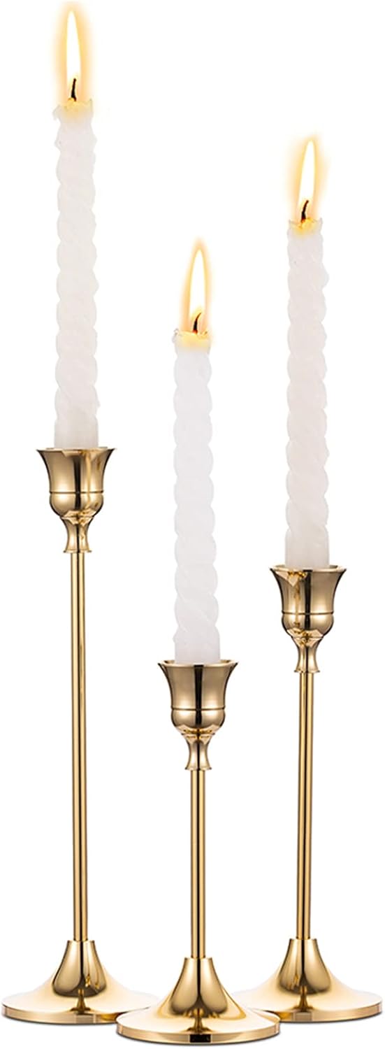 Brass gold taper candle holders set of three