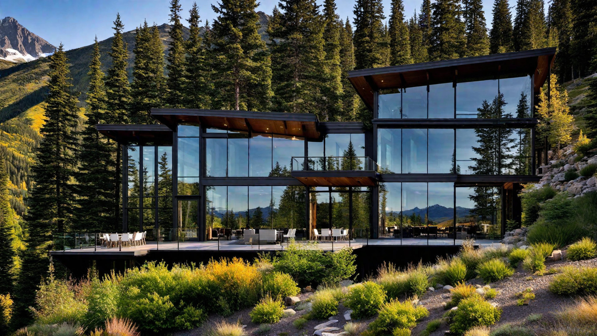 Glass-Walled Modern House with Mountain Backdrop